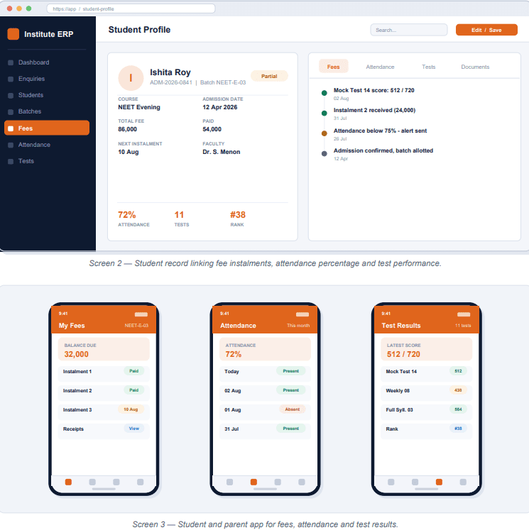 Coaching Management Software detail and mobile screens