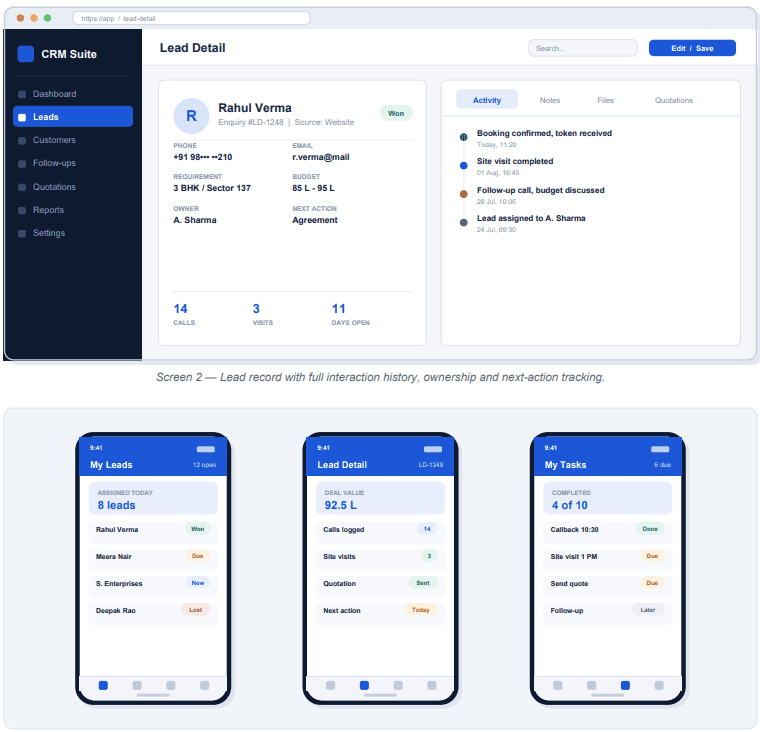 CRM Software detail and mobile screens