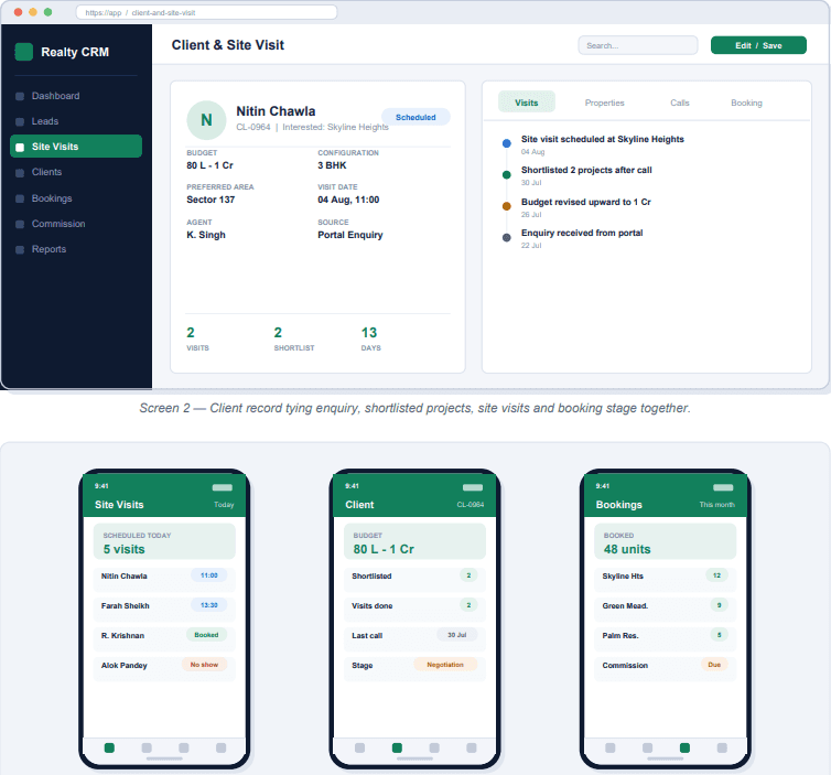 Real Estate CRM detail and mobile screens